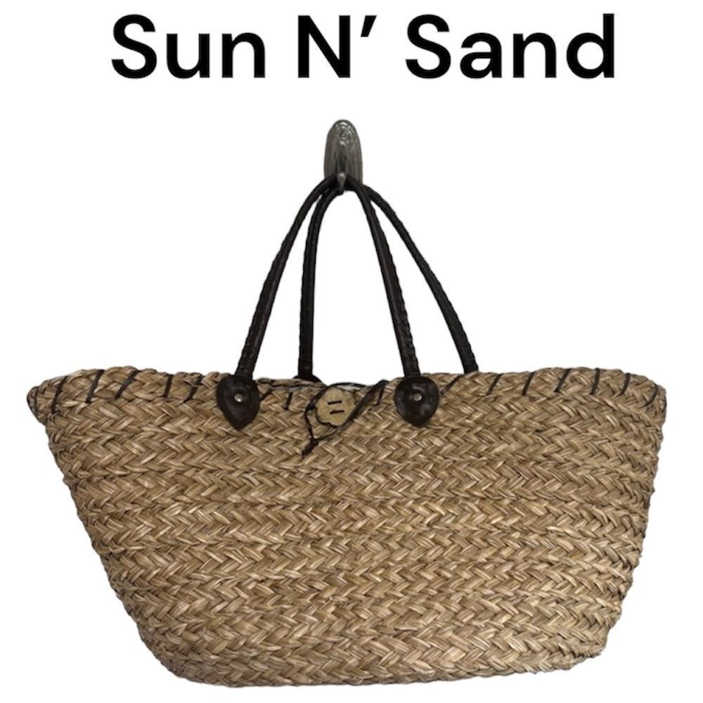 Sun N' Sand Large Dual Strap Shoulder Tote  Handbag Woven Basket Bag Brown